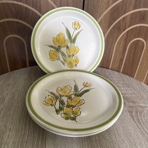 Vintage Stonybrook Stoneware 7 5/8" Salad Plate Green Yellow Flower Japan Set 3